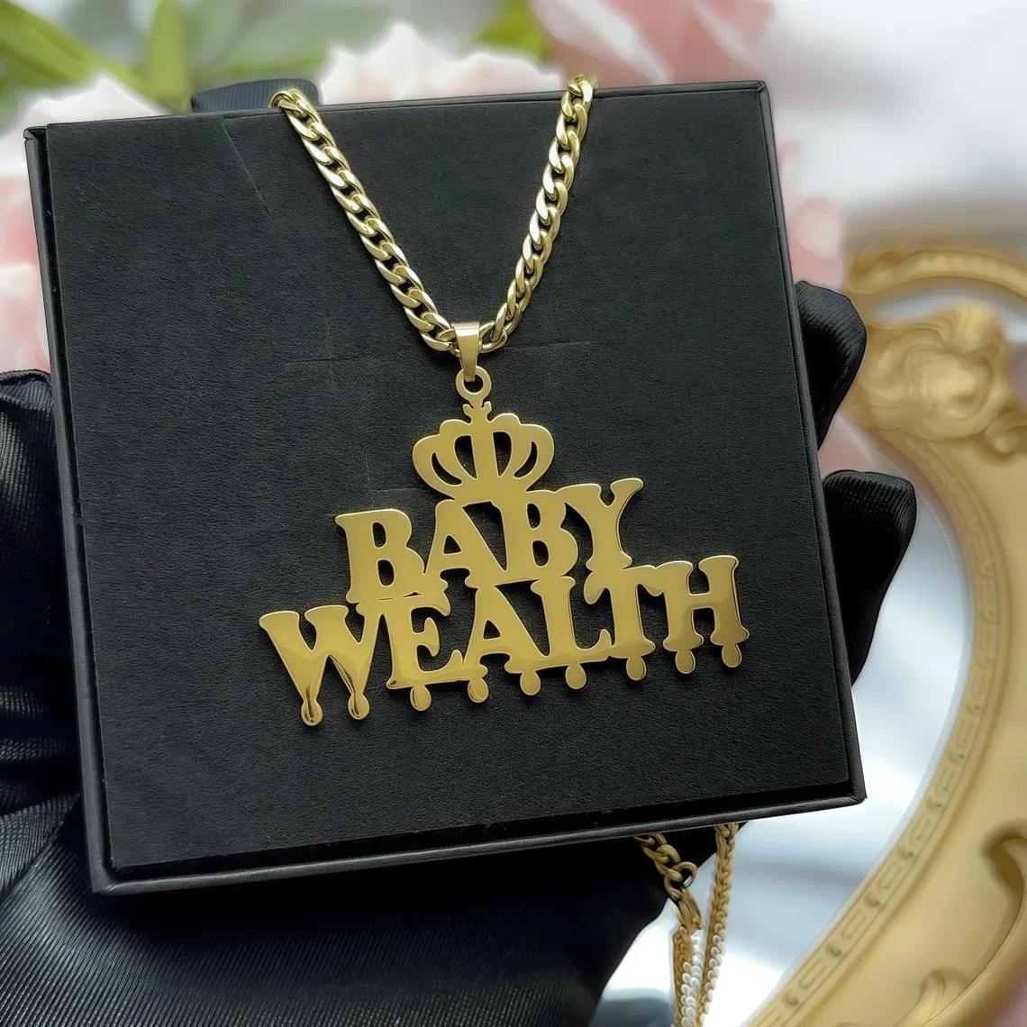 Custom Double Names Necklace With Crown Heart Gold Plated