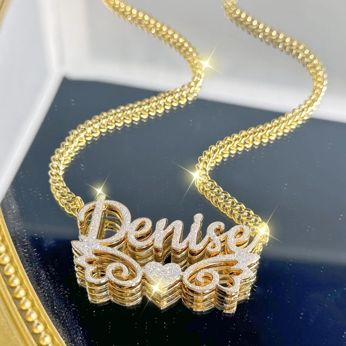 Custom Shiny Bling Double Plate Angle Wings Name Necklace Stainless Steel