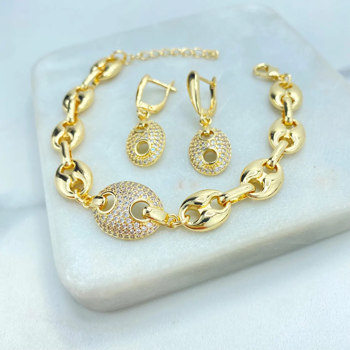 Zirconia Puffed Mariner Anchor Chain Gold Plated Jewelry Set 4pcs