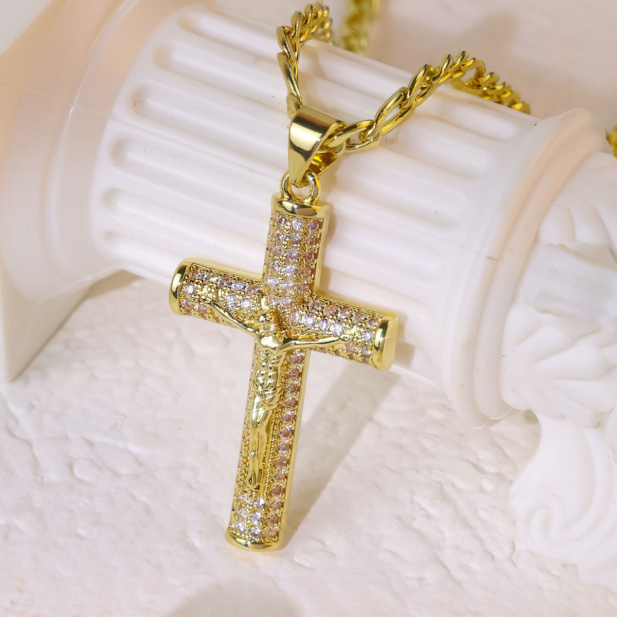 Zirconia Jesus Cross Pendant Necklace Gold Plated
