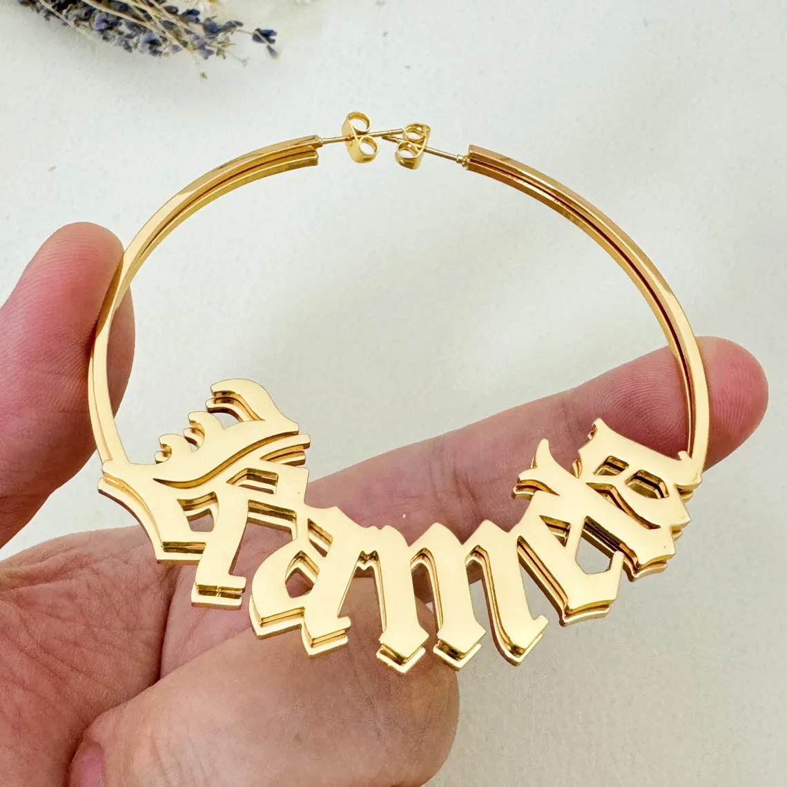 Personalized Old English Font Nameplate Hoop Earrings Gold Plated