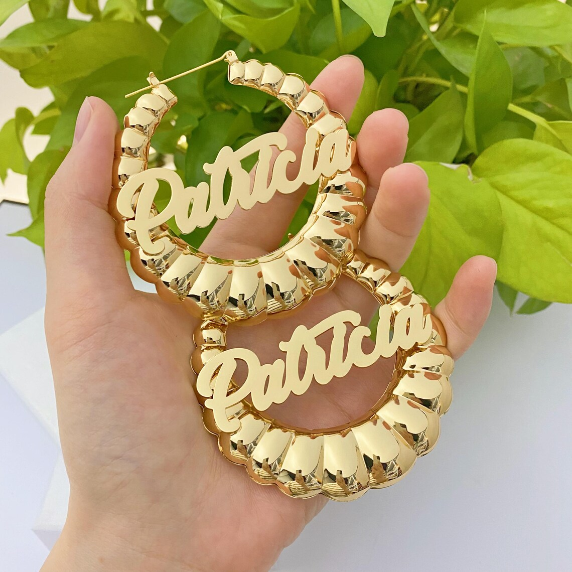 Custom Chunky Bamboo Hoop Earrings with Nameplate
