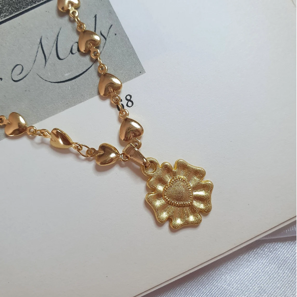 Gold Plated Heart Clover Charm Heart Chain Necklace