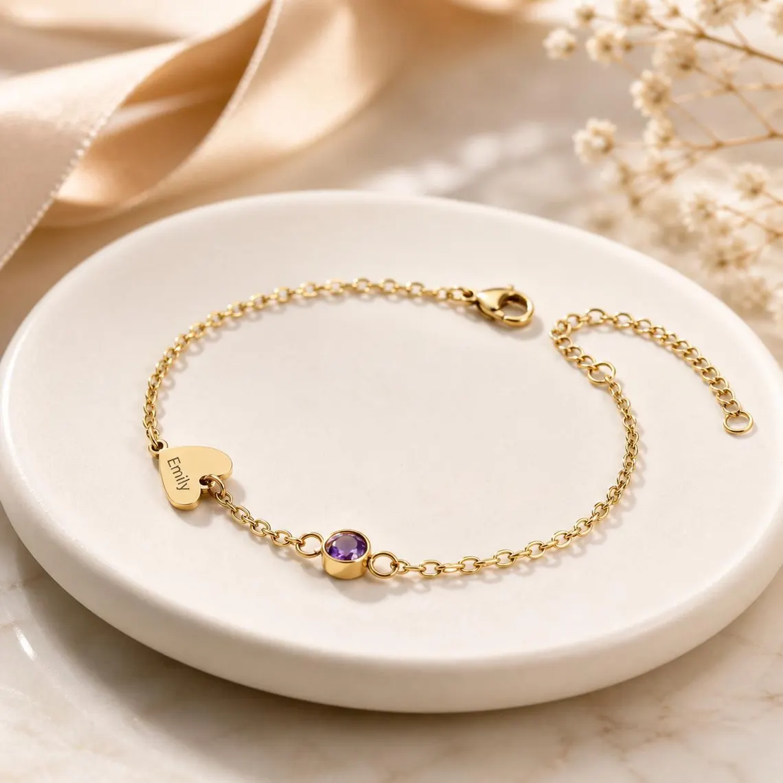 Customized Family 1-4 Birthstone and Hearts Engraving Names Bracelet