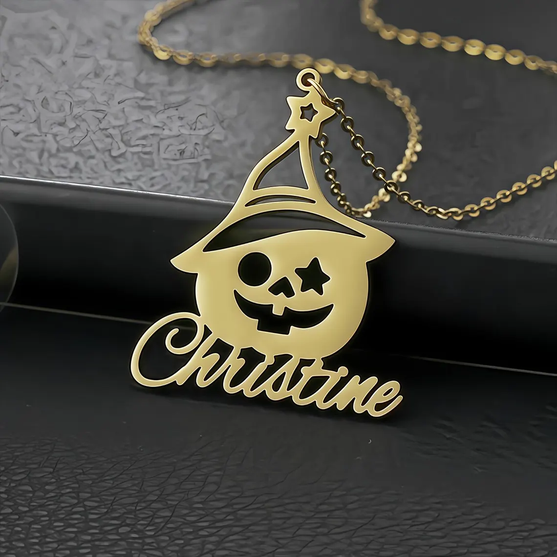 Personalized Halloween Gold Pumpkin Charm Name Necklace