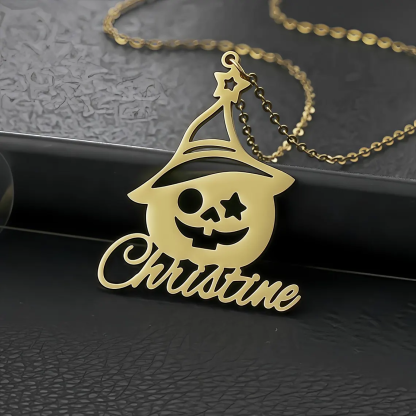 Personalized Halloween Gold Pumpkin Charm Name Necklace