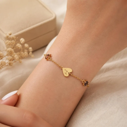 Customized Family 1-4 Birthstone and Hearts Engraving Names Bracelet