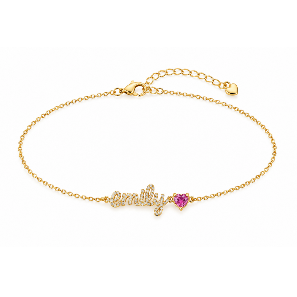 Personalized Zirconia Name with Heart Birthstone Custom Anklet