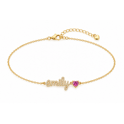 Personalized Zirconia Name with Heart Birthstone Custom Anklet