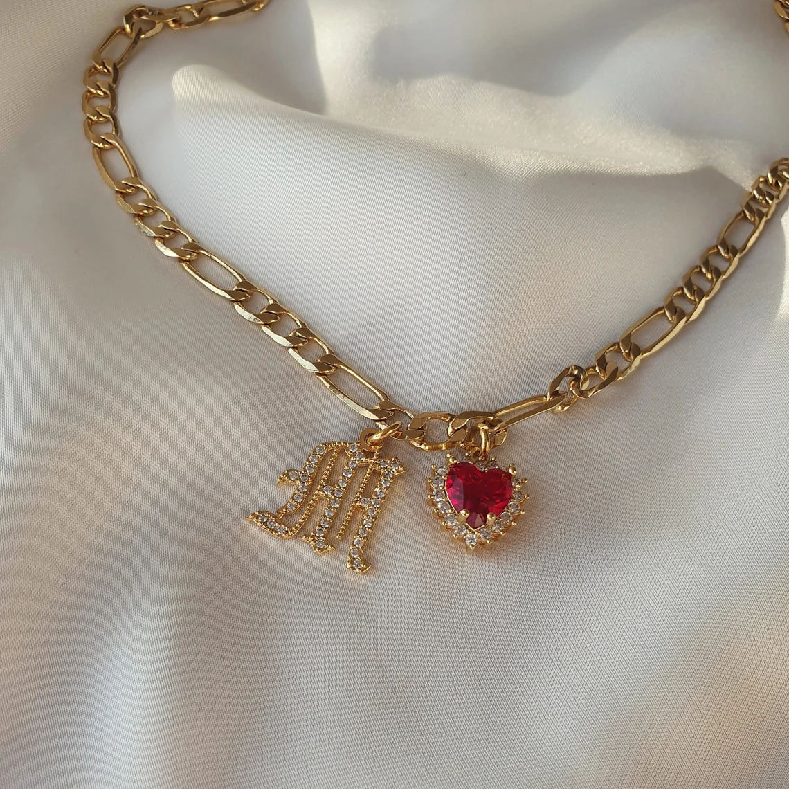 Zircon Heart Shape Birthstone Old English Initial Personalized Necklace