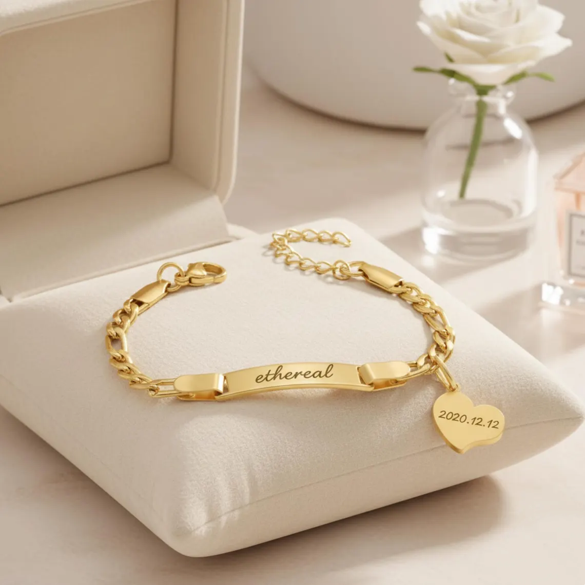 Heart Pendant with Engraved Birthday Custom ID Name Bracelet