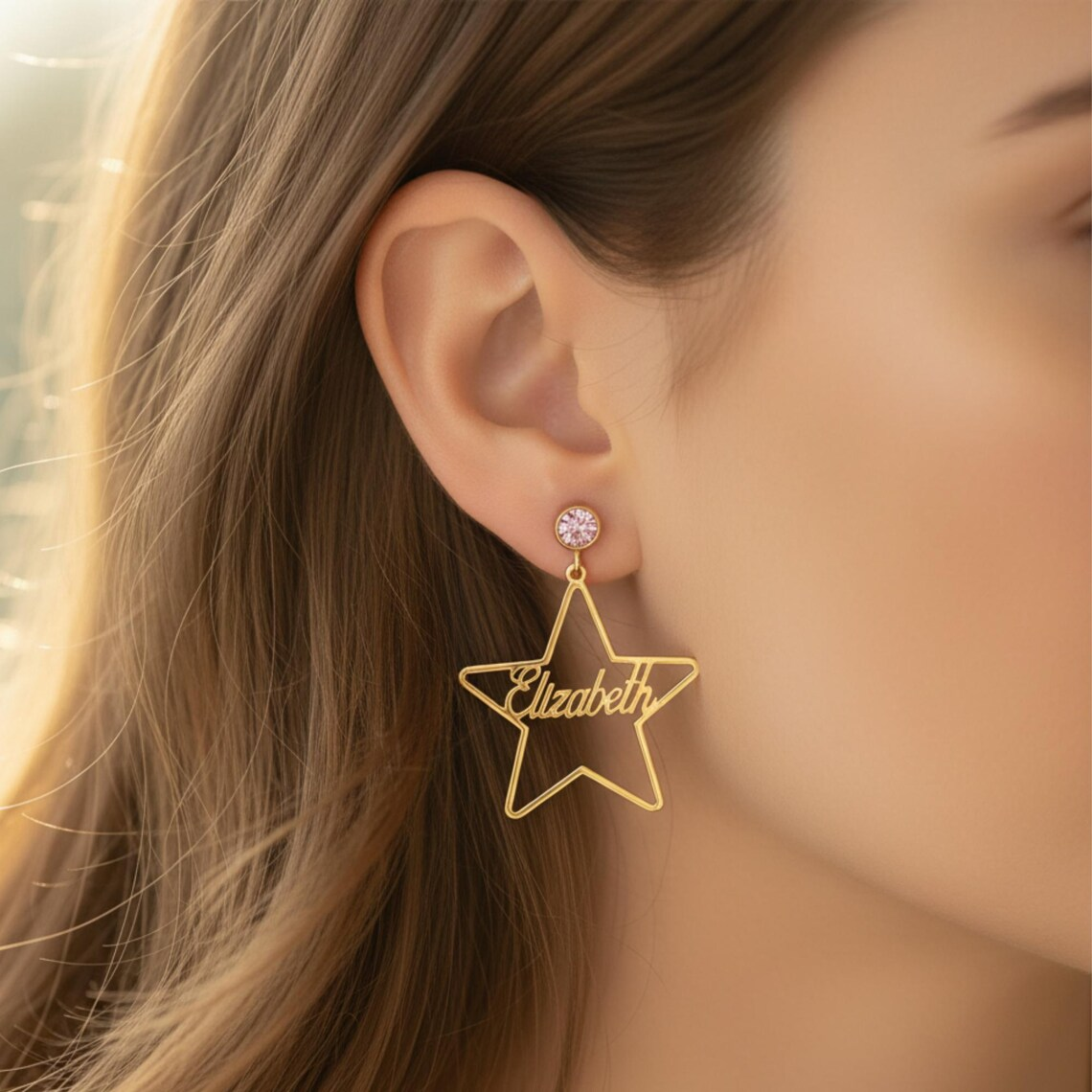 Personalized Birthstone Stud Star Shape Hoop Name Earrings