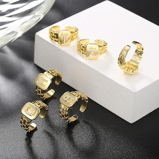 Zirconia Letter Watch Band Initial Ring Gold Plated