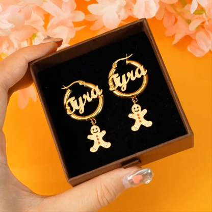 Personalized Christmas Earrings 30mm Gingerbread Man Gold Plated Hoop Name Earrings
