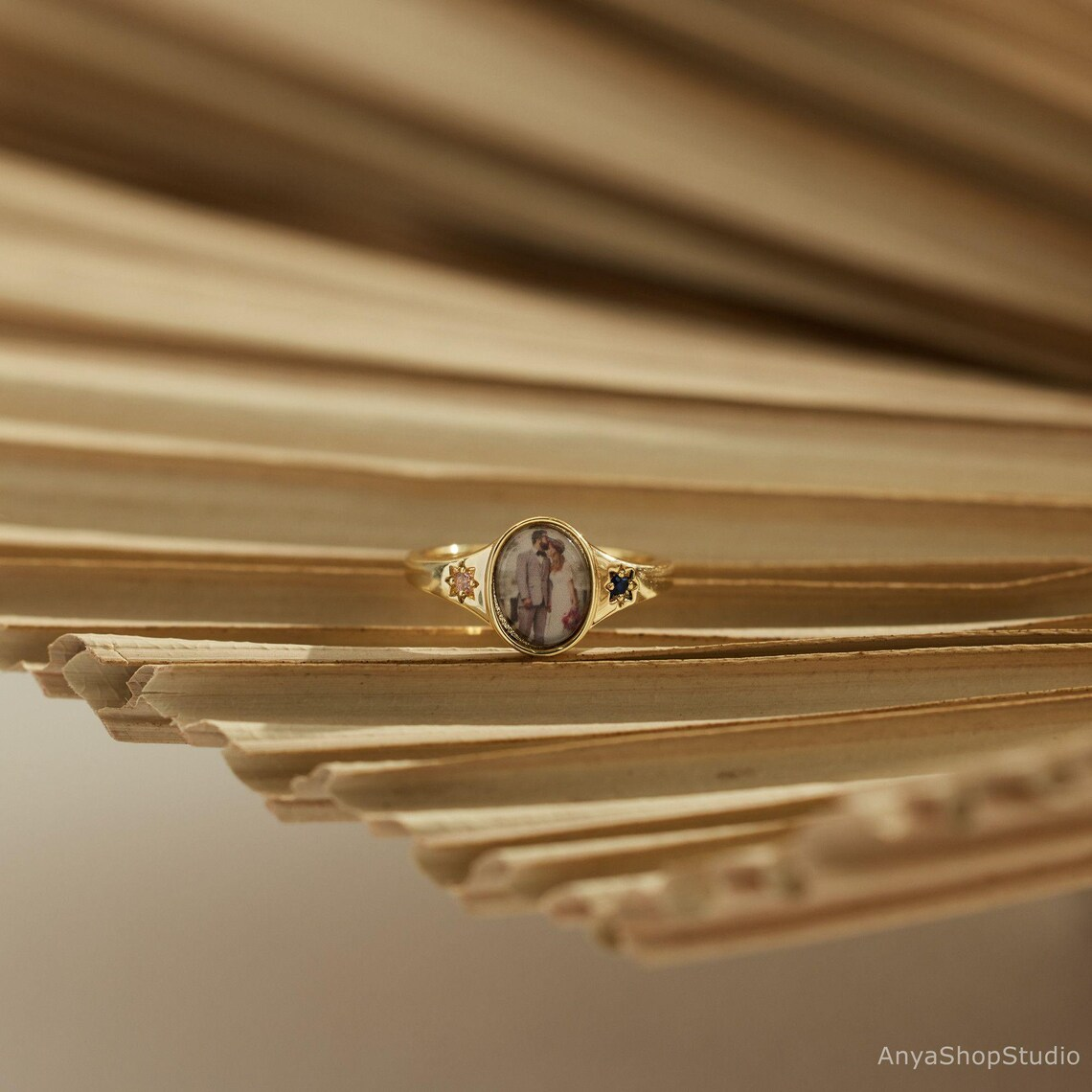 Custom Gold Plated Birthstones Round Photo Ring
