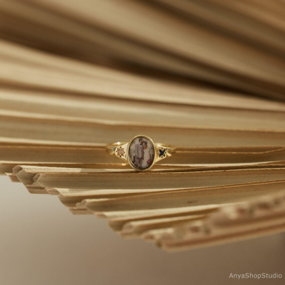 Custom Gold Plated Birthstones Round Photo Ring