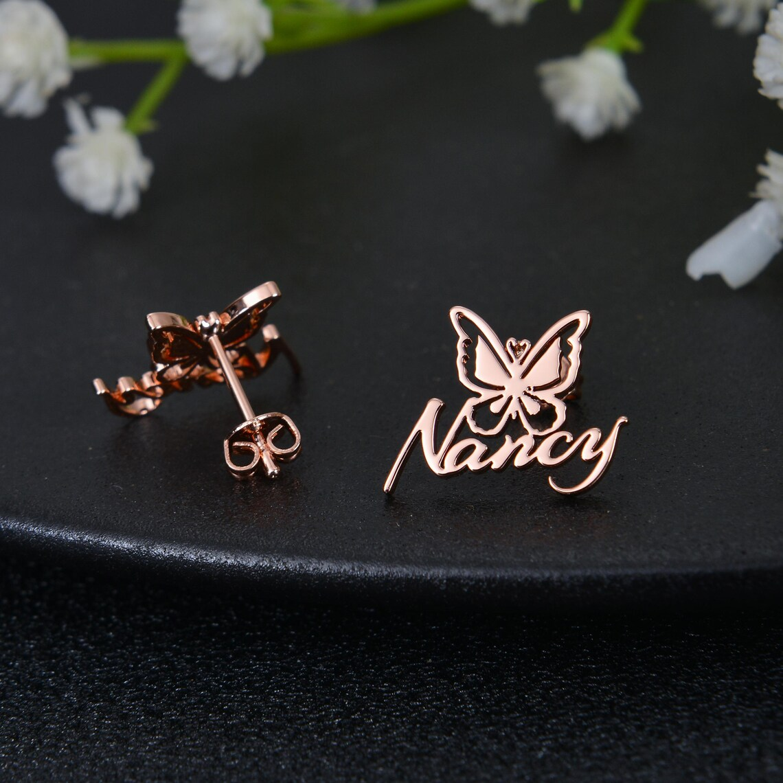 Butterfly Personalized Nameplate Gold Plated Stud Earrings