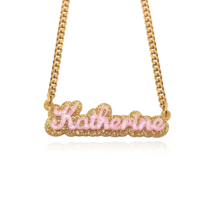 Personalized Acrylic Golden Sequins Pink Nameplate Necklace