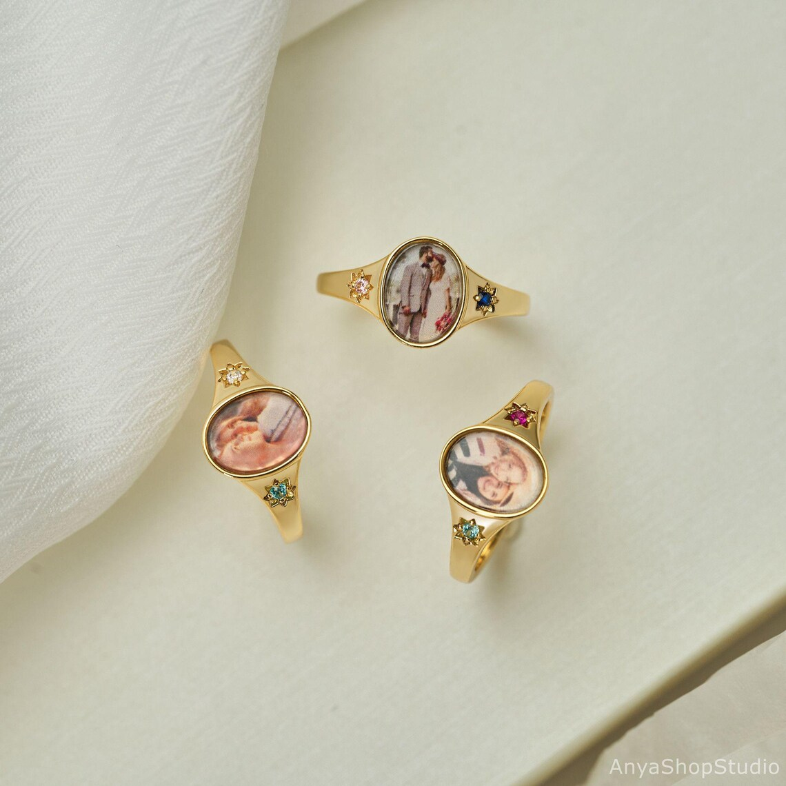 Custom Gold Plated Birthstones Round Photo Ring