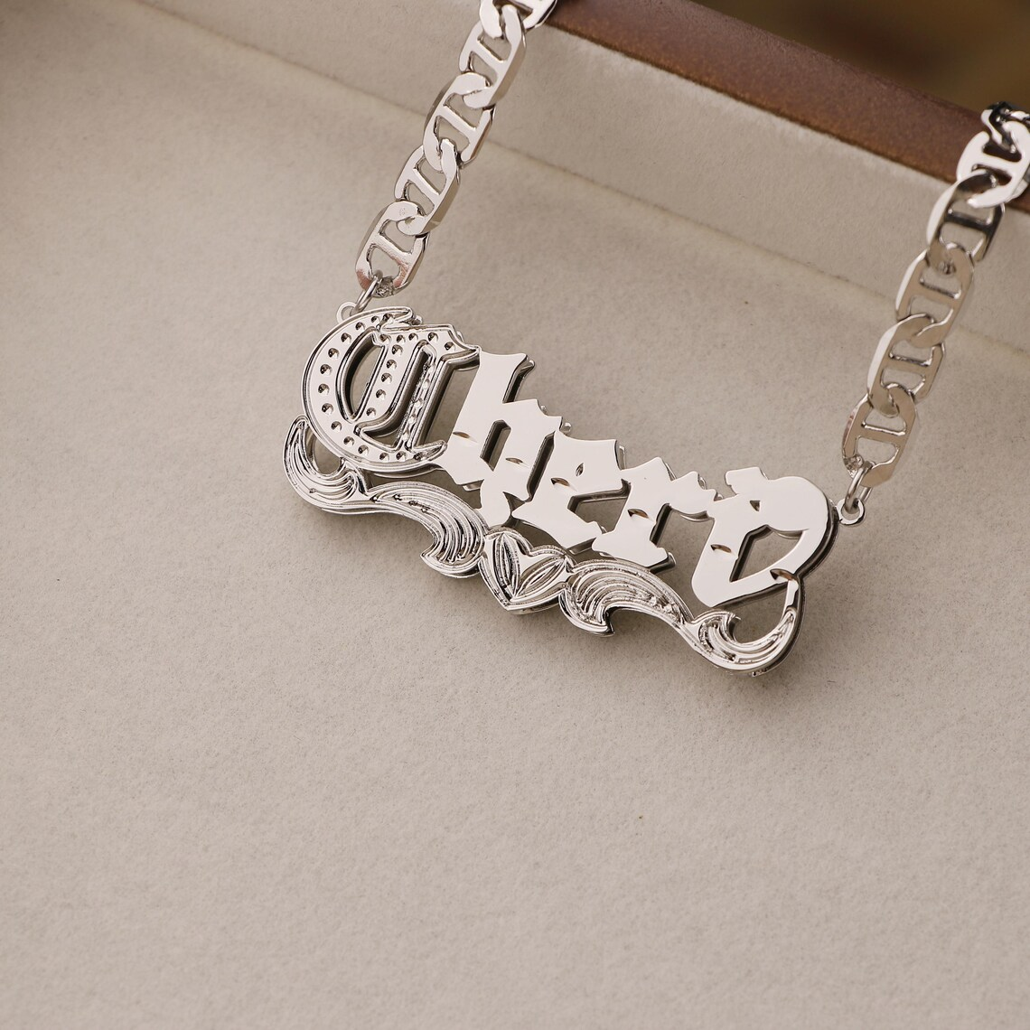 Custom Old English Double Layer Heart Name Necklace Mariner Chain