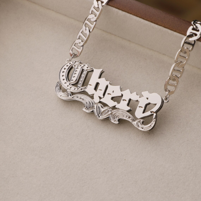 Custom Old English Double Layer Heart Name Necklace Mariner Chain