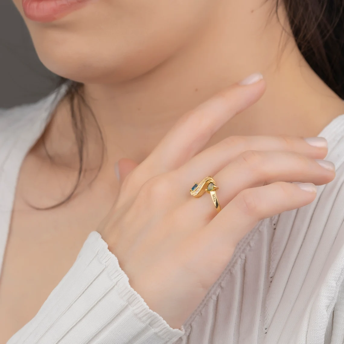 2 or 4 Engraved Names with Heart Birthstones Custom Ring Family Ring