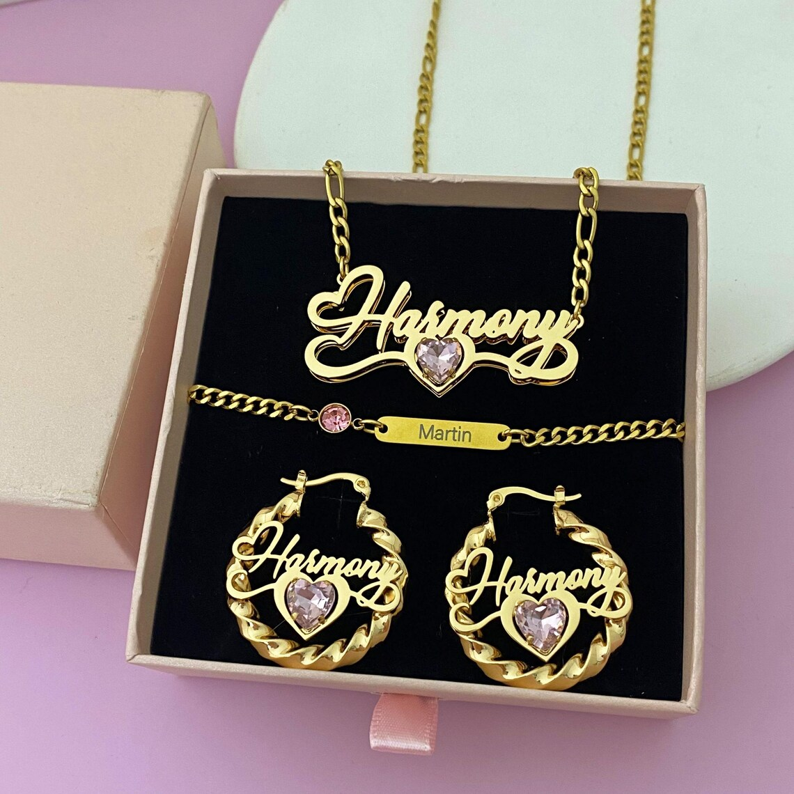 Custom Dainty Birthstone Heart Name Jewelry Set Engraving ID Set