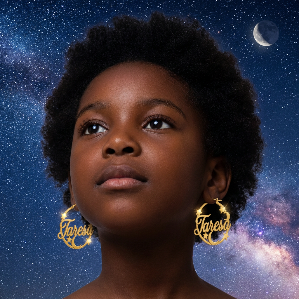 Customized Personalized Hoop Name Earrings with Moon and Stars