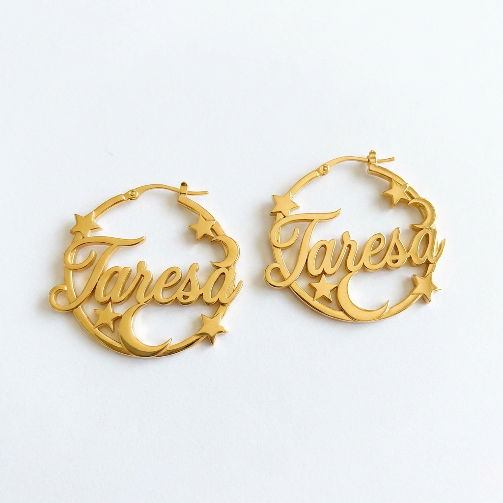 Customized Personalized Hoop Name Earrings with Moon and Stars