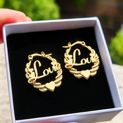Personalized Heart Nameplate Twisted Hoop Earrings Gold Plated