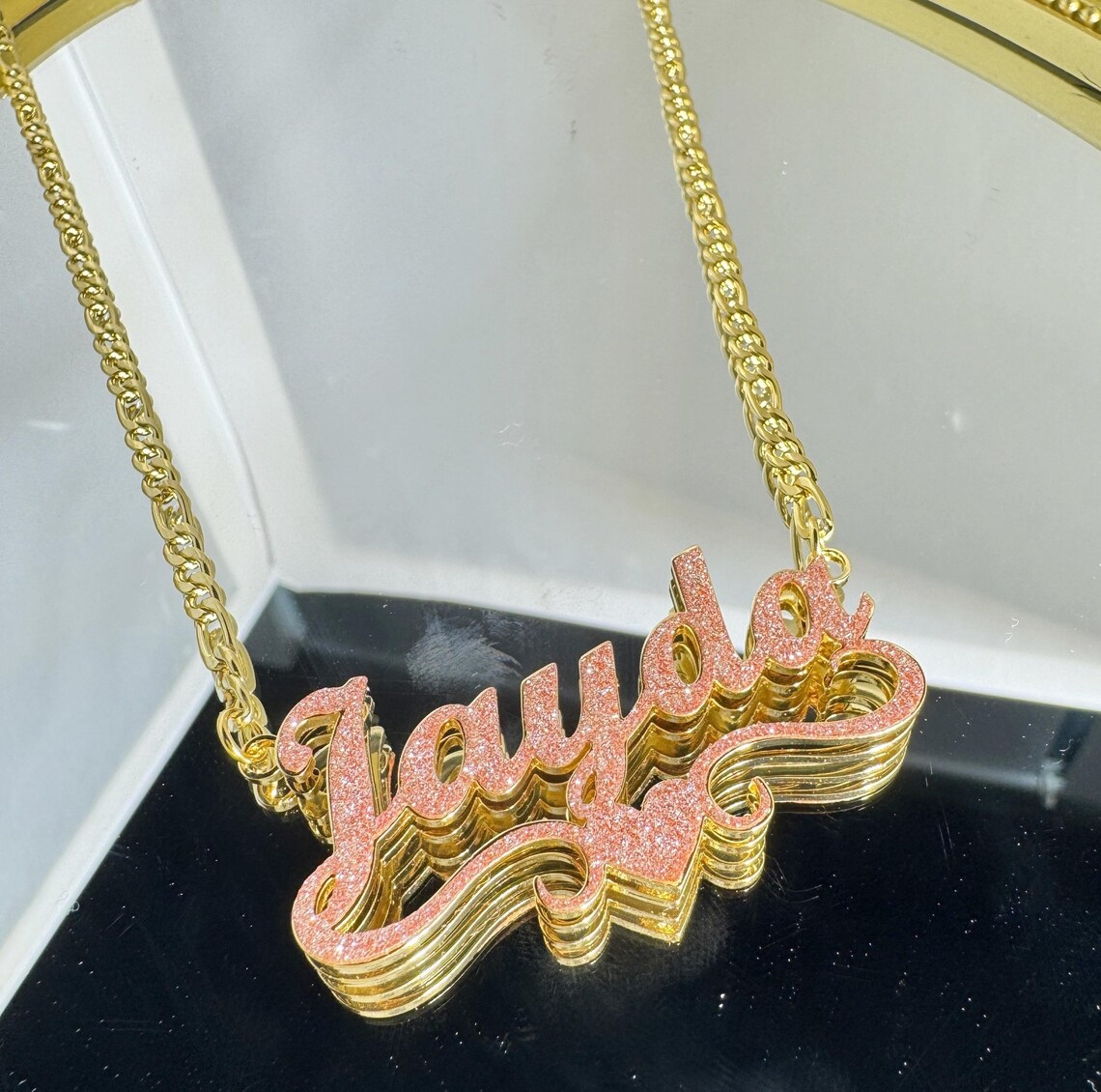 Pink Shiny Heart Stainless Steel Custom Double Layer Name Necklace