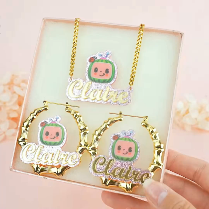 Pink Acrylic Cute Watermelon Nameplate Jewelry Set Personalized Name Necklace and Bamboo Earrings