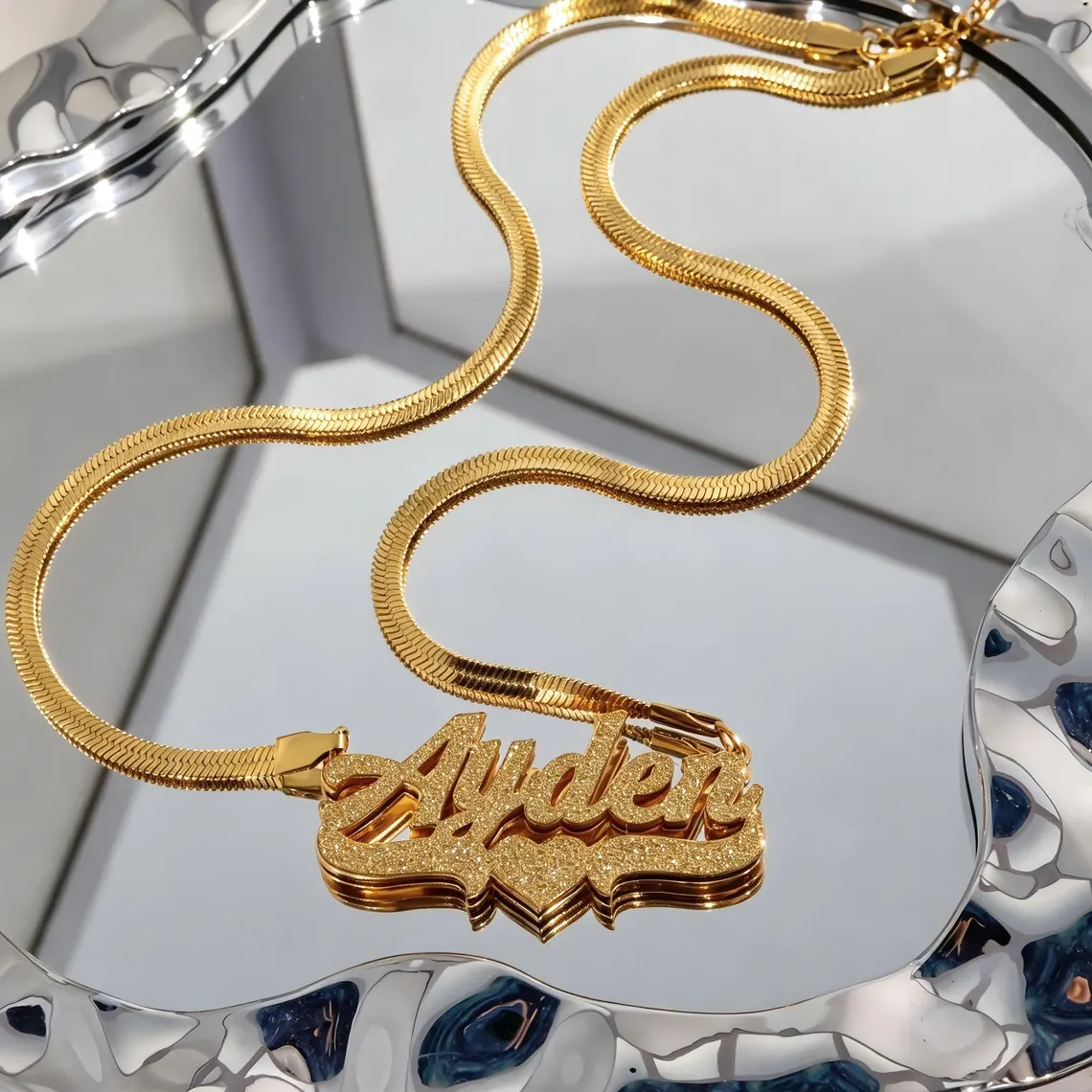 Personalized Shiny Double Plate Glitter Heart Name Necklace