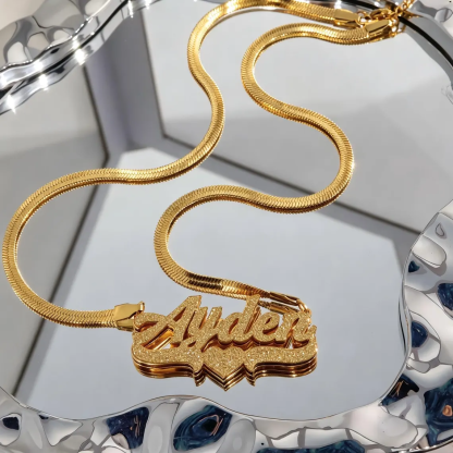 Personalized Shiny Double Plate Glitter Heart Name Necklace