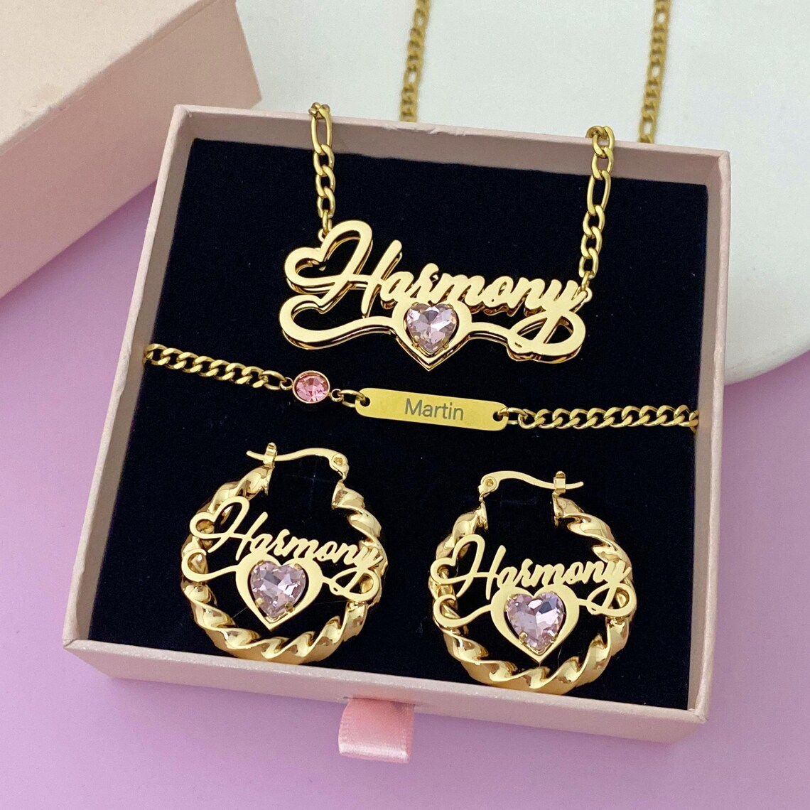 Custom Dainty Birthstone Heart Name Jewelry Set Engraving ID Set