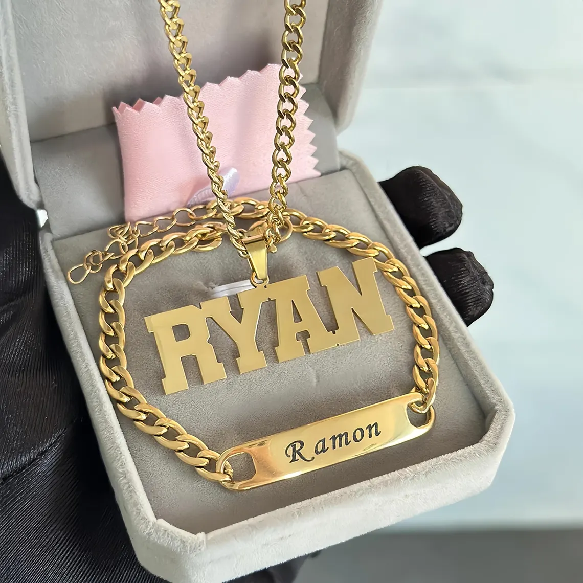 Customized Nameplate Pendant Necklace and Engraved ID Bracelet Set