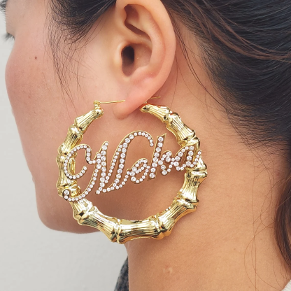 Custom Zirconia Nameplate Earrings Bamboo Earrings Gold Plated