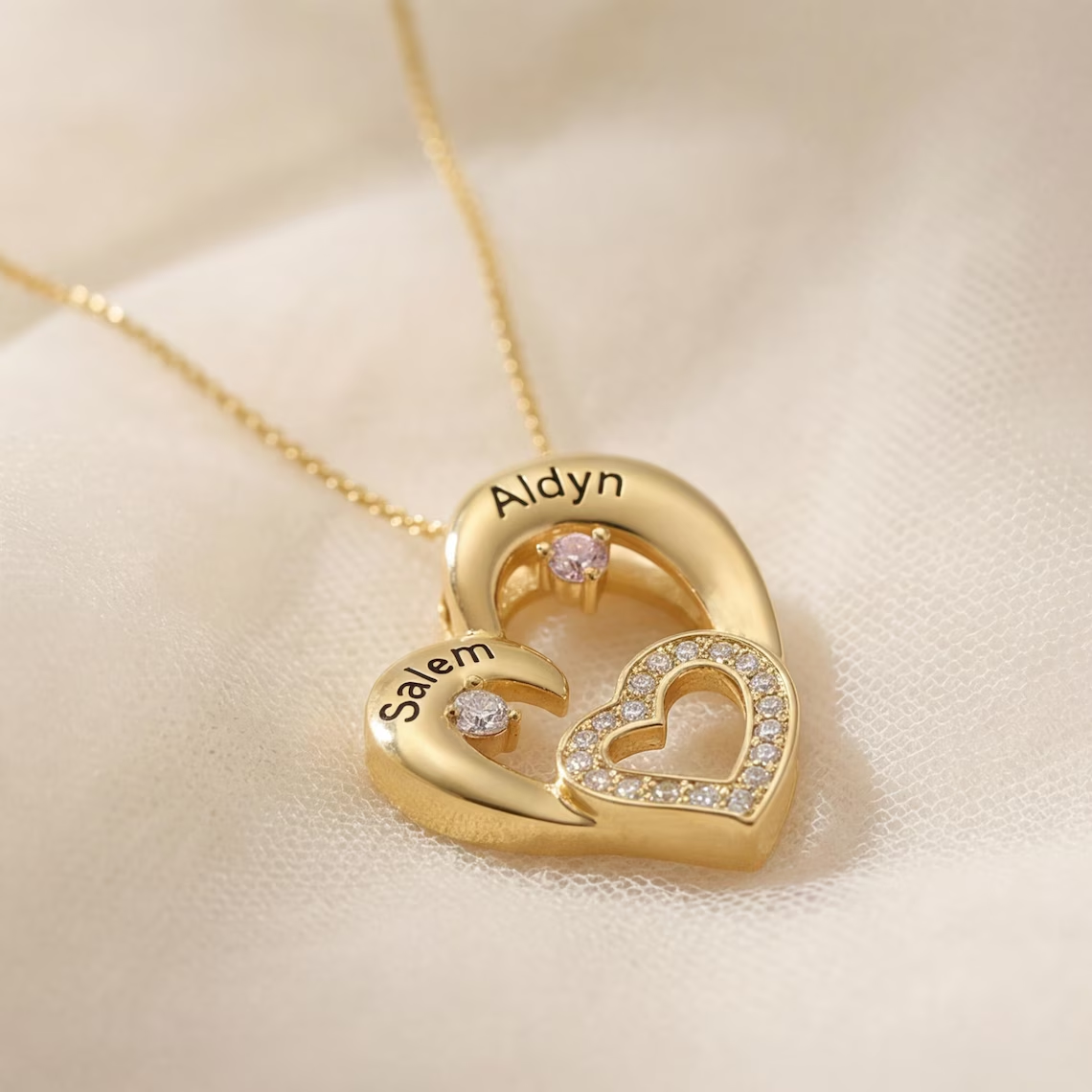 Custom Zirconia Heart Pendant with Two Engraved Names and Birthstones Necklace