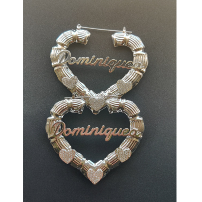 Heart Bamboo Earrings with Zirconia Heart Custom Name Earrings