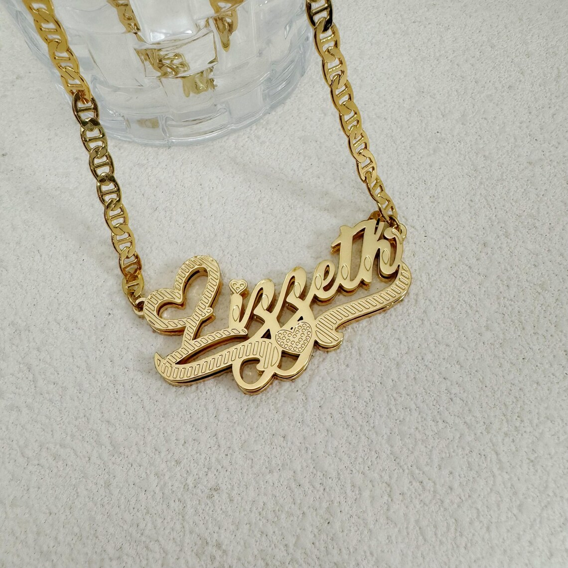 Custom Double Plate Diamond Cut Heart 3D Name Necklace