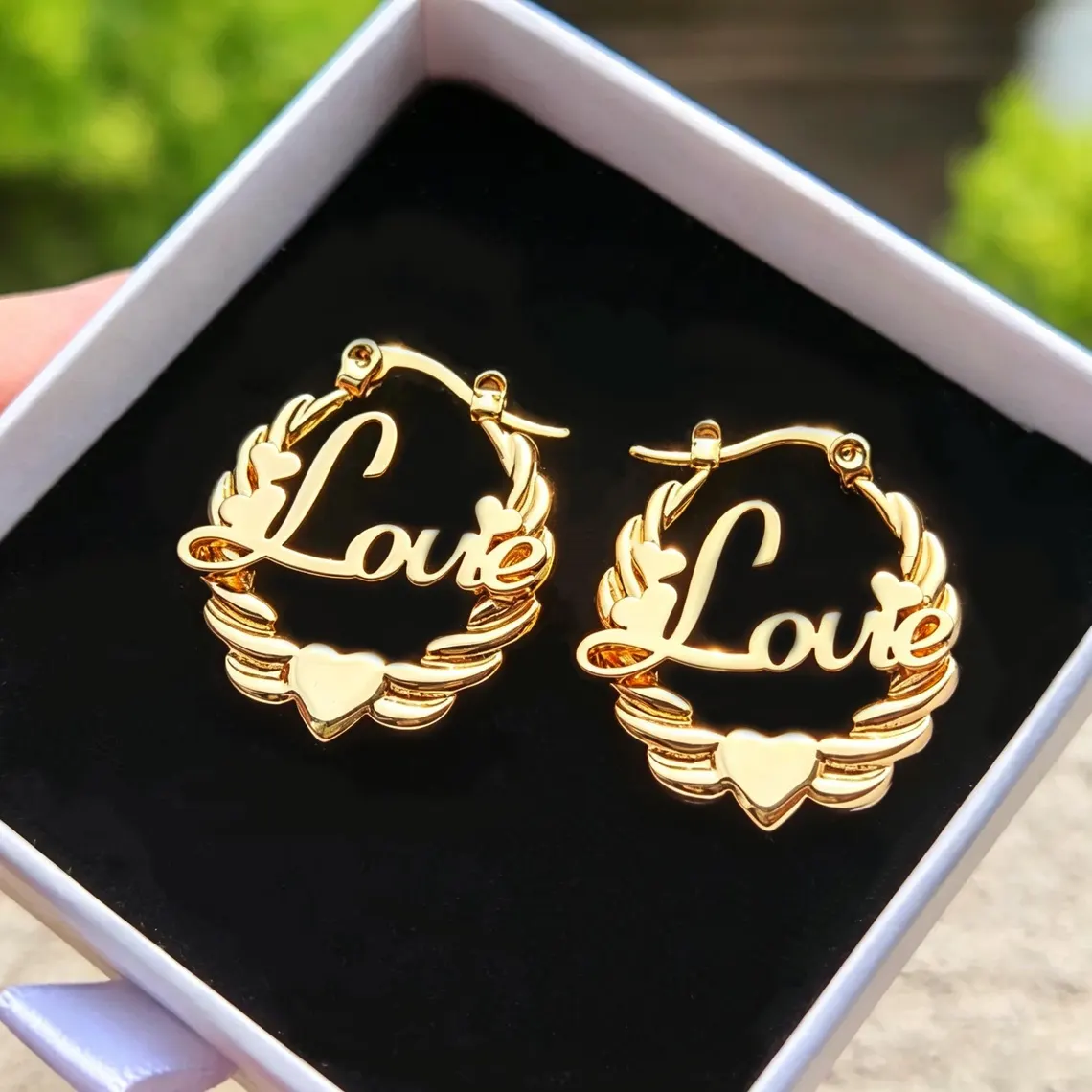 Personalized Heart Nameplate Twisted Hoop Earrings Gold Plated