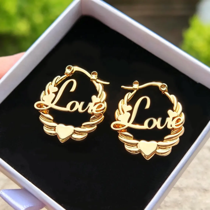 Personalized Heart Nameplate Twisted Hoop Earrings Gold Plated
