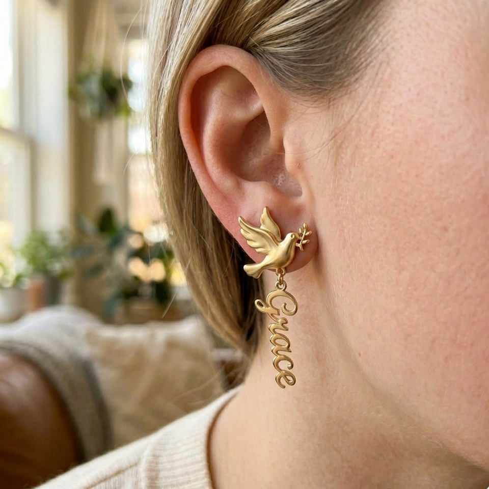 Dove of Peace Gold Plated Personalized Name Earrings