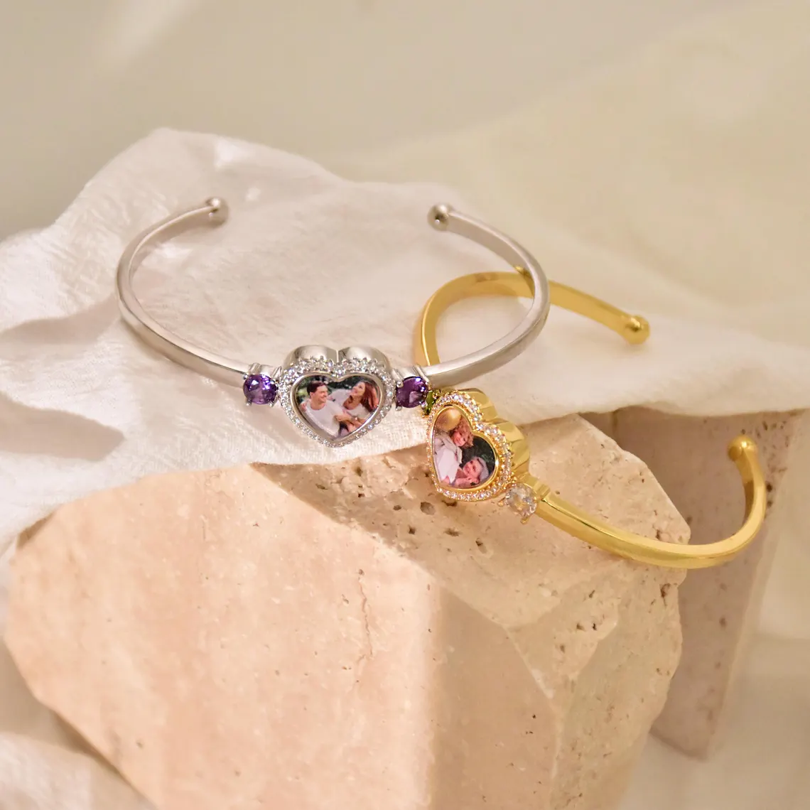 Custom Heart Photo with Two Birthstones Bangle Bracelet