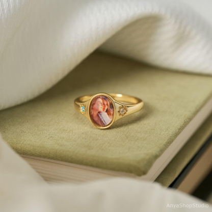 Custom Gold Plated Birthstones Round Photo Ring
