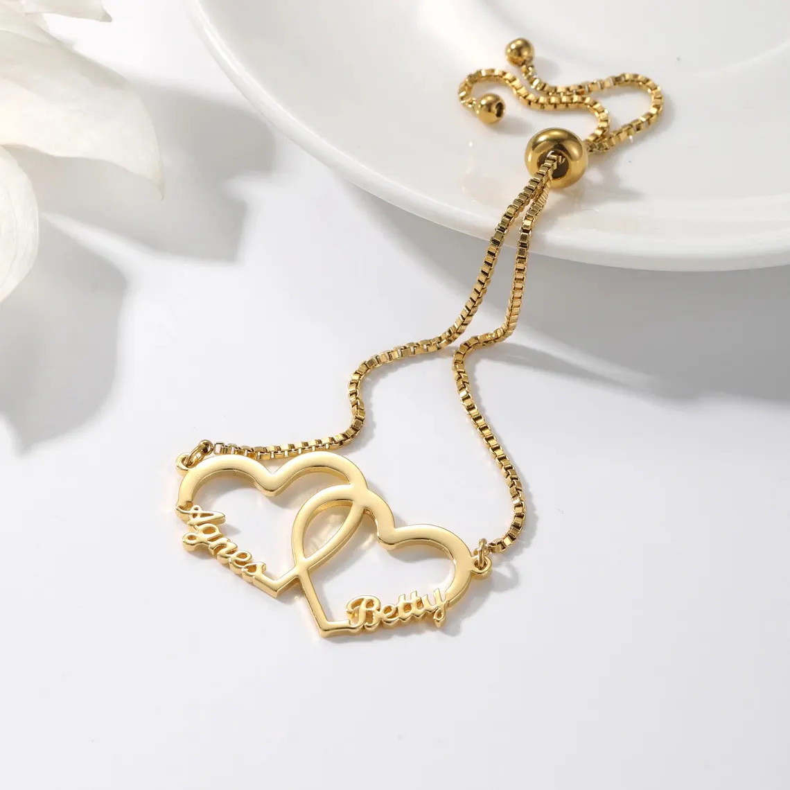 Personalized Couple Names Two Hearts Name Bracelet