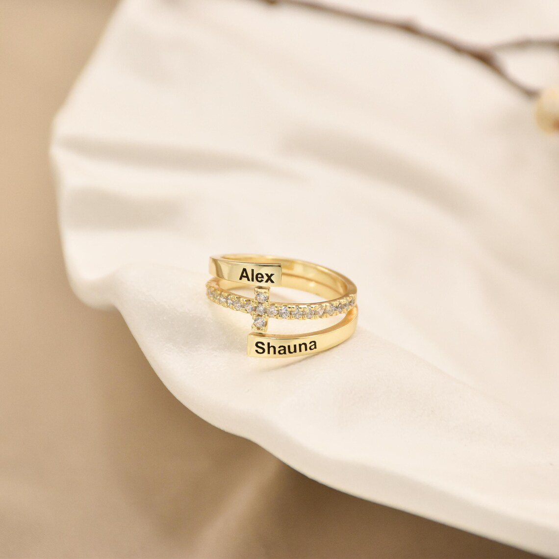 Zirconia Cross Two Names Promise Engagement Wedding Ring Couple Ring