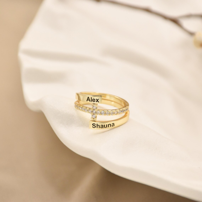 Zirconia Cross Two Names Promise Engagement Wedding Ring Couple Ring