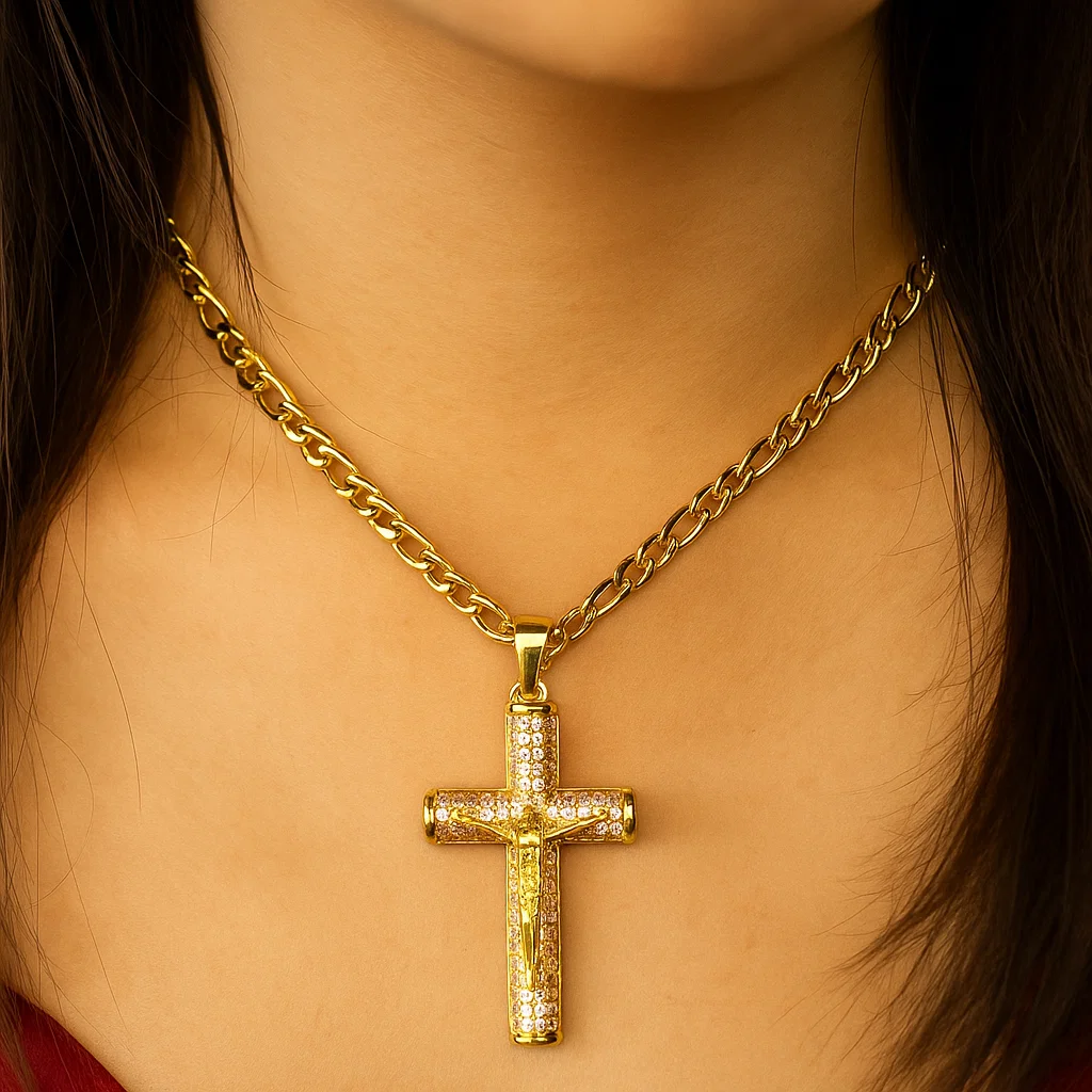 Zirconia Jesus Cross Pendant Necklace Gold Plated