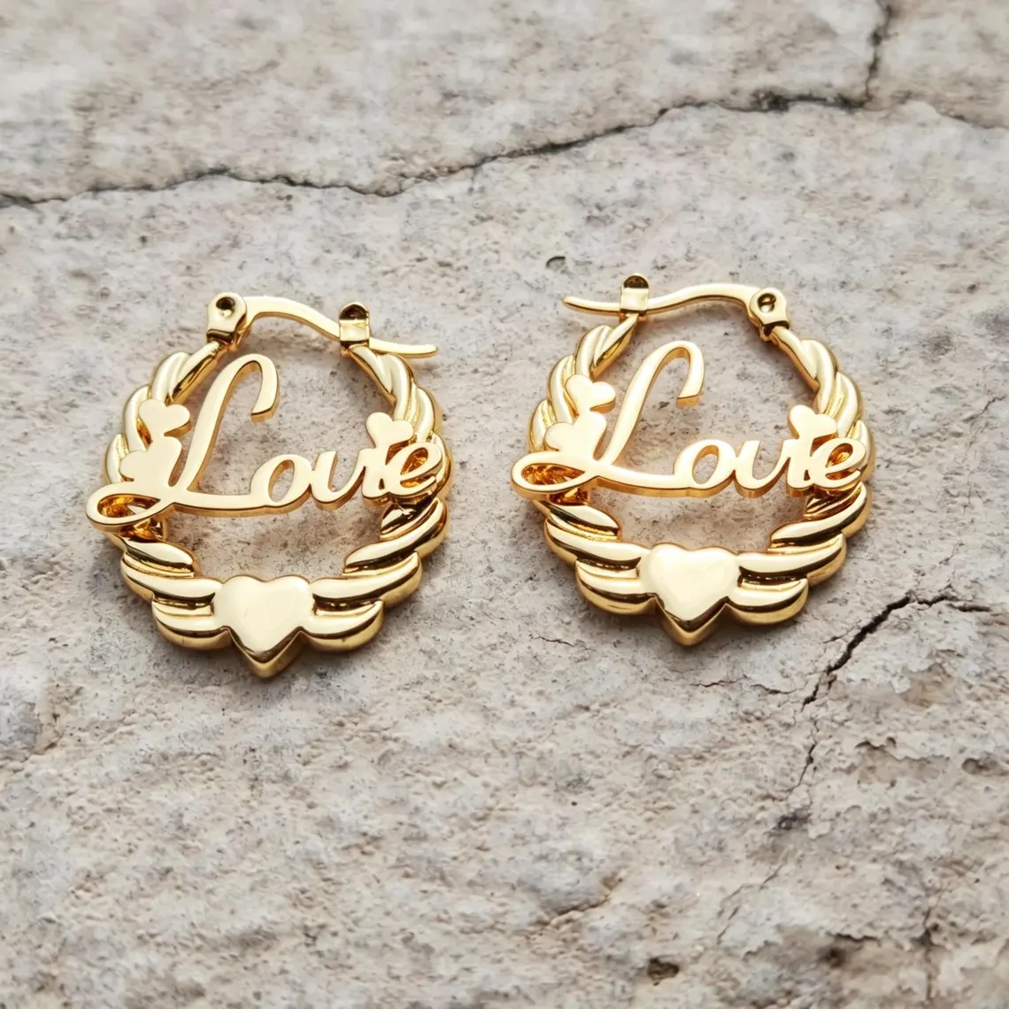 Personalized Heart Nameplate Twisted Hoop Earrings Gold Plated